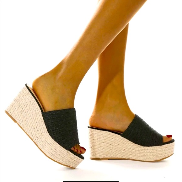 SHEIN Shoes - BLACK BRAIDED ESPADRILLE MULE WEDGE SANDAL